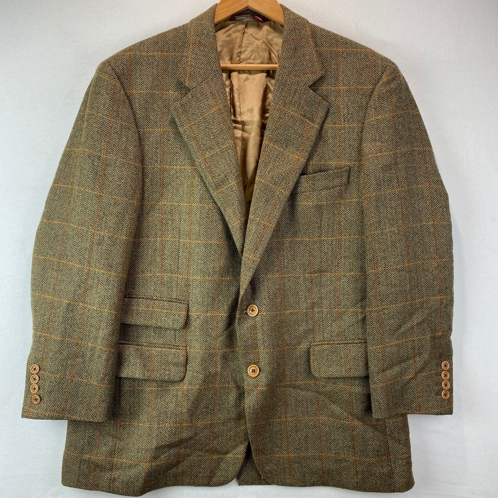 VTG Samuelsohn Wool Herringbone Windowpane Blazer Men 43R Olive Brown Sport Coat